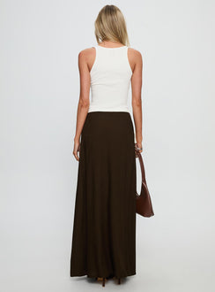 back view of model wearing Princess Polly Keirah Contrast Wrap Maxi Skirt Chocolate / White Maxi 