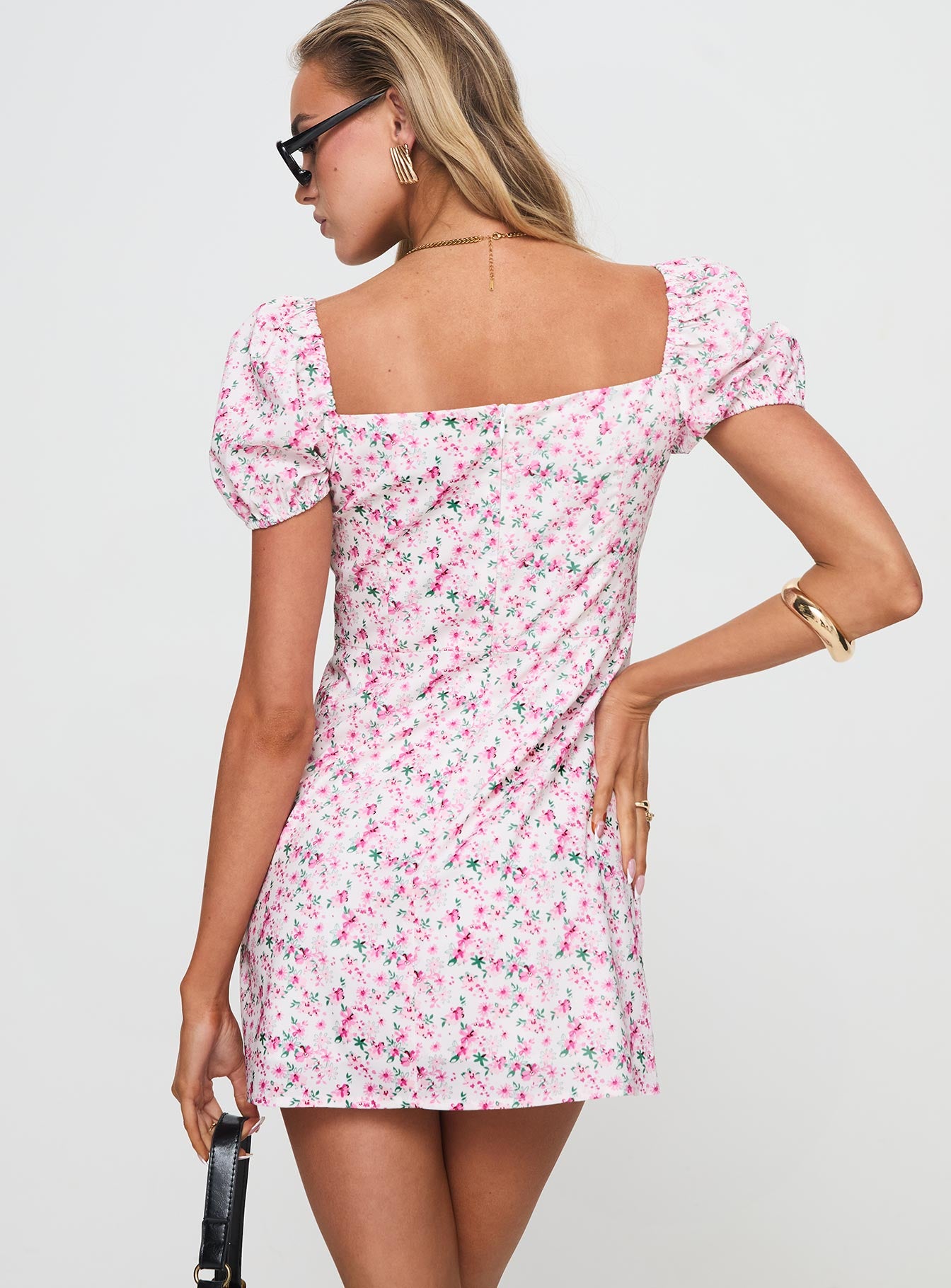 back view of model wearing Princess Polly Hollen Mini Dress White Floral Square Neck 