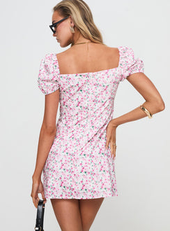 back view of model wearing Princess Polly Hollen Mini Dress White Floral Square Neck 