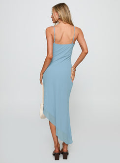 back view of model wearing Princess Polly Fleuretta Embroidered Midi Dress Blue / Brown Plunger 