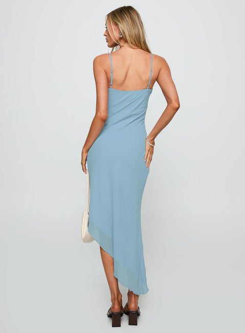 back view of model wearing Princess Polly Fleuretta Embroidered Midi Dress Blue / Brown Plunger 