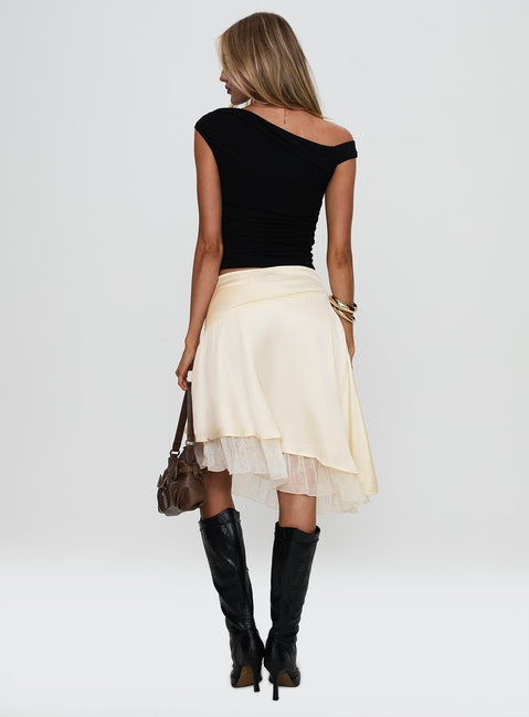 back view of model wearing Princess Polly Rosemead Satin Midi Skirt Cream Midi Skirts 