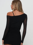 back view of model wearing Princess Polly Amarante Top Black Full Sleeves Asymmetric Neckline 