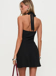 back view of model wearing Princess Polly Ocean Boulevard Plunge Mini Dress Black Cowl Neck 