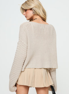 back view of model wearing Princess Polly Artha Cardigan Beige cropped 