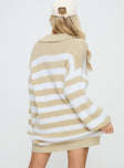 back view of model wearing Princess Polly Williamson Sweater Mini Dress Beige / White V-Neck 