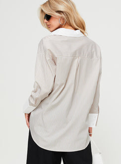 back view of model wearing Princess Polly Only We Know Shirt Beige Full Sleeves V-Neck 