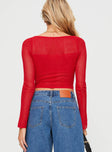 back view of model wearing Princess Polly Tyren Top Red Full Sleeves Square Neck 