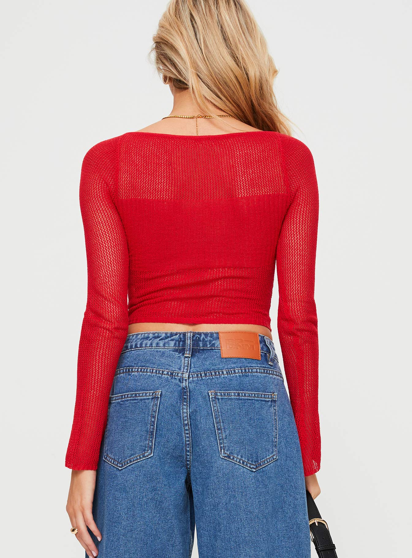 back view of model wearing Princess Polly Tyren Top Red Full Sleeves Square Neck 