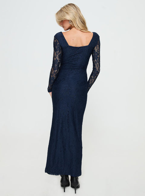 back view of model wearing Princess Polly Marceline Long Sleeve Maxi Dress Navy Plunger 