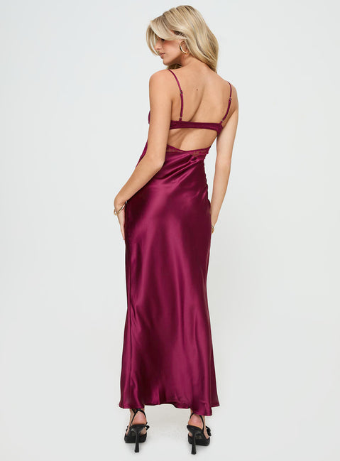 back view of model wearing Princess Polly Birchwood Maxi Dress Wine Plunger 