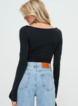 back view of model wearing Princess Polly Kirsta Long Sleeve Bodysuit Black Full Sleeves Scoop Neck 