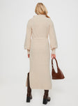 back view of model wearing Princess Polly Oriel Long Sleeve Knit Maxi Dress Beige V-Neck 