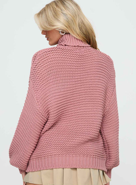 back view of model wearing Princess Polly Hayworth Turtle Neck Sweater Pink Long 