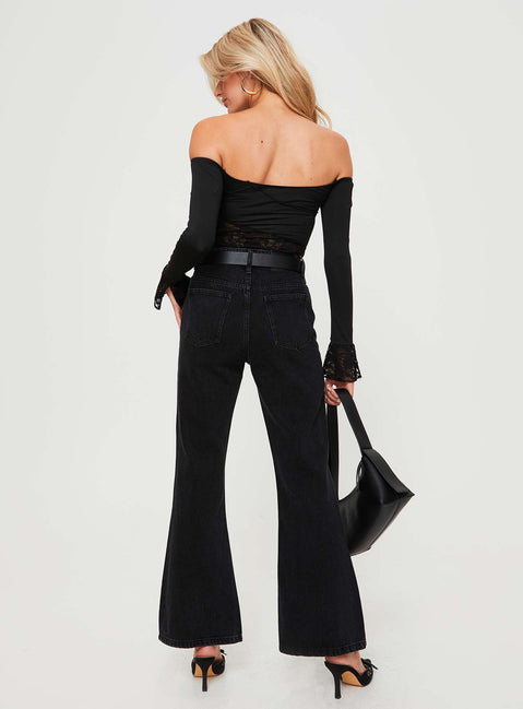 back view of model wearing Princess Polly Cabarita Lounge Denim Jeans Washed Black High Waisted 