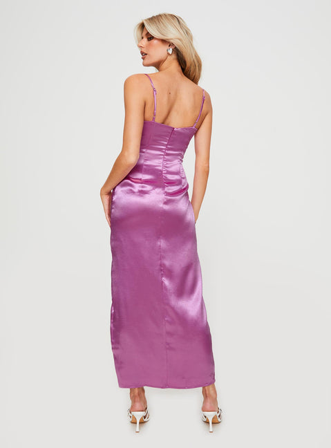 back view of model wearing Princess Polly Amandine Maxi Dress Pink Sweetheart Neckline 