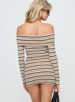 back view of model wearing Princess Polly Anouk Long Sleeve Mini Dress Multi Straight Neck 
