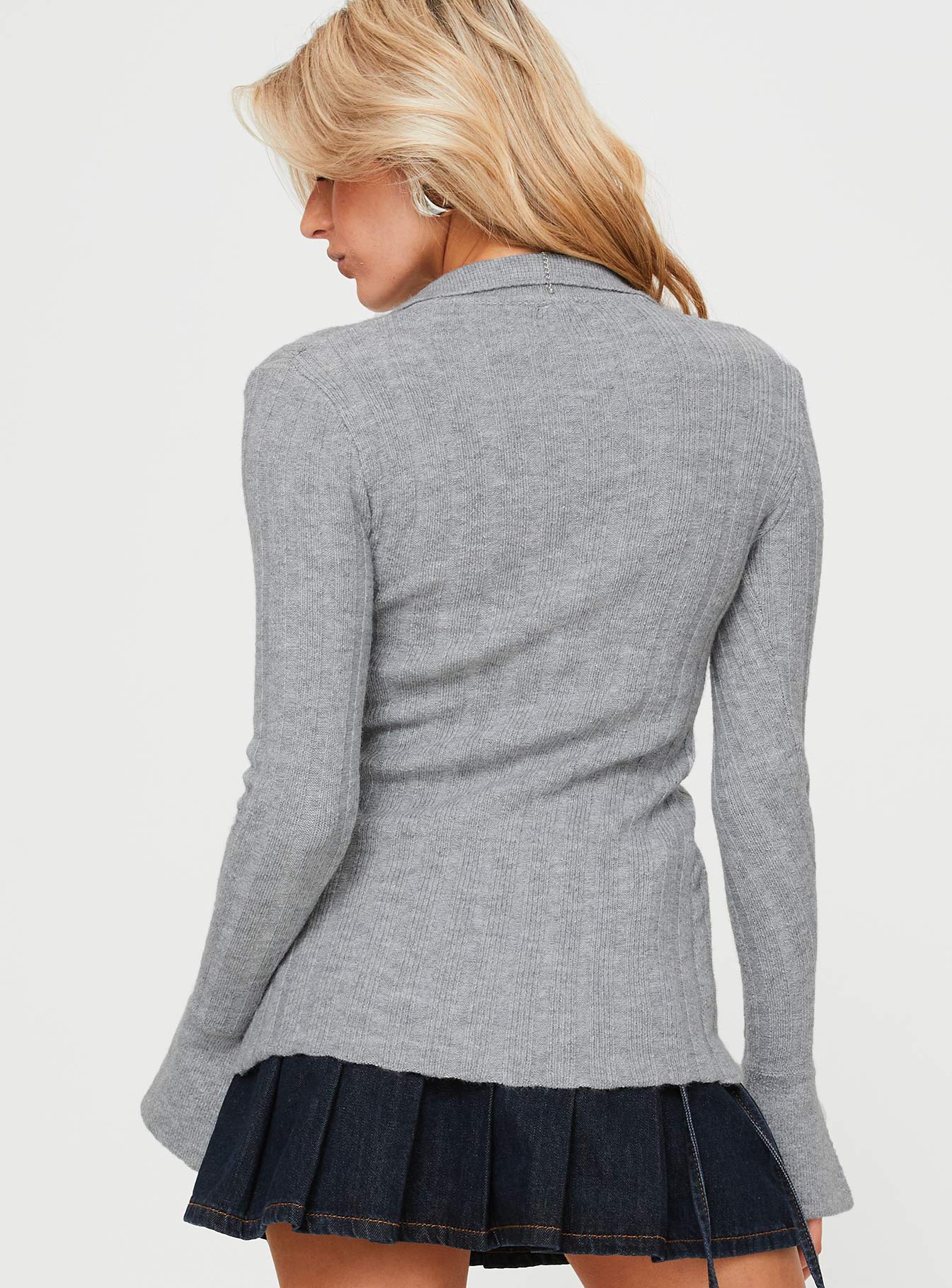 back view of model wearing Princess Polly Beryl Long Sleeve Top Slate Grey Full Sleeves Plunger 