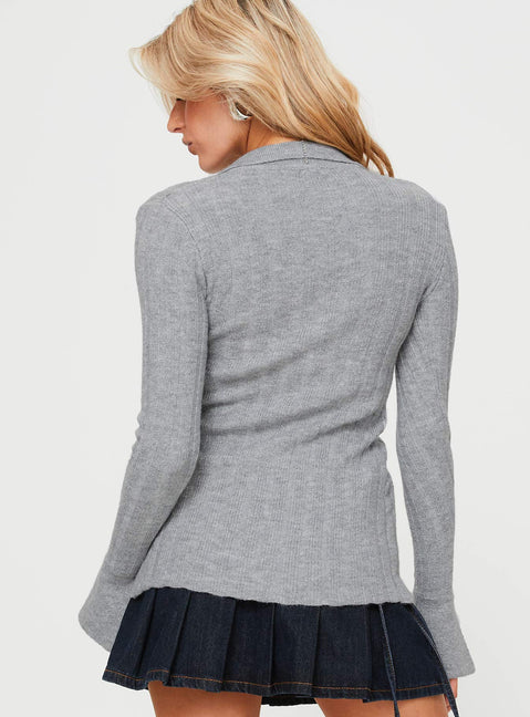 back view of model wearing Princess Polly Beryl Long Sleeve Top Slate Grey Full Sleeves Plunger 