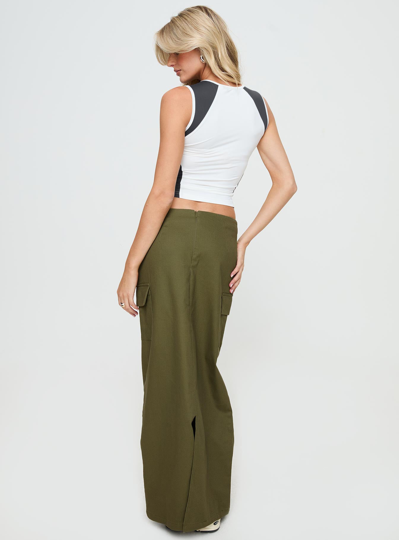 back view of model wearing Princess Polly My Girl Maxi Skirt Olive Maxi 