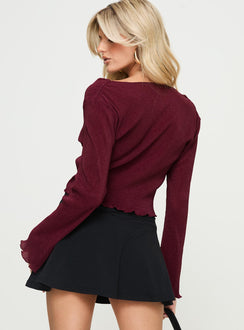 back view of model wearing Princess Polly Ignatius Long Sleeve Top Burgundy Full Sleeves Plunger 