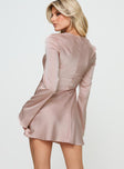 back view of model wearing Princess Polly Phillipa Long Sleeve Mini Dress Pink Square Neck 