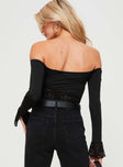 back view of model wearing Princess Polly Valder Off The Shoulder Bodysuit Black Full Sleeves straight 