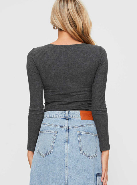 back view of model wearing Princess Polly Barlise Bodysuit Grey Full Sleeves Scoop Neck 