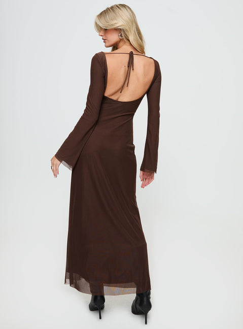 back view of model wearing Princess Polly Lukea Maxi Dress Chocolate 