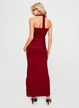 back view of model wearing Princess Polly Melantha Strapless Maxi Dress Red Straight Neck 