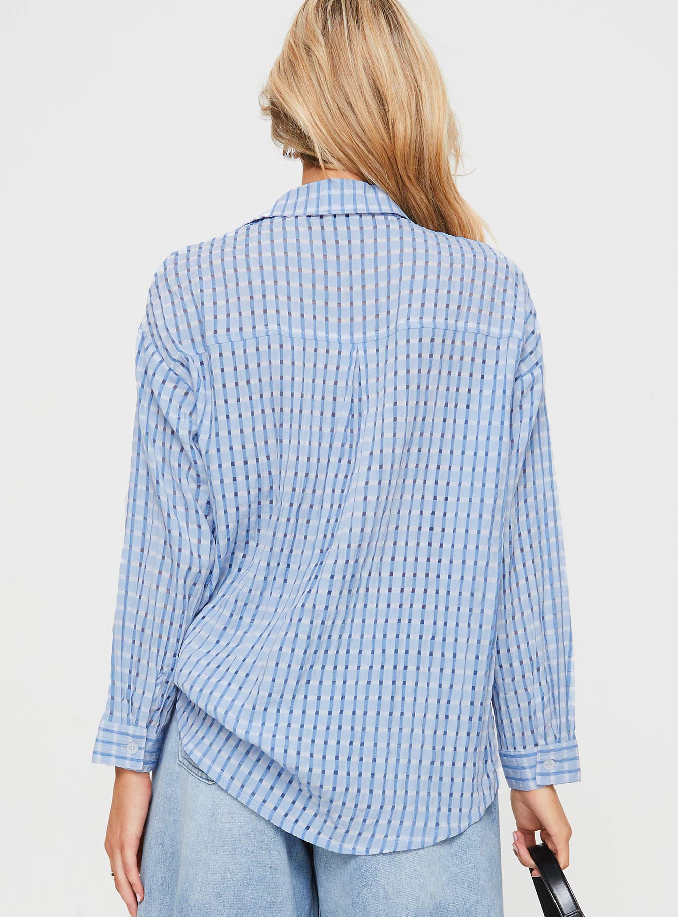back view of model wearing Princess Polly Oristano Shirt Blue Full Sleeves V-Neck 