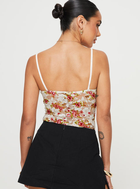 back view of model wearing Princess Polly Amessa Lace Bodysuit Floral Sleeveless Plunger 