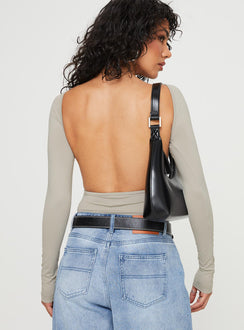 back view of model wearing Princess Polly Gatewood Long Sleeve Bodysuit Grey Full Sleeves 