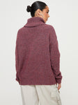 back view of model wearing Princess Polly Oswin Turtleneck Sweater Burgundy Long 