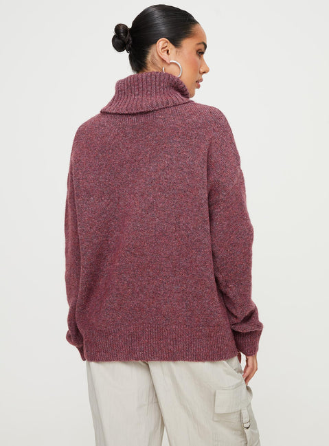 back view of model wearing Princess Polly Oswin Turtleneck Sweater Burgundy 