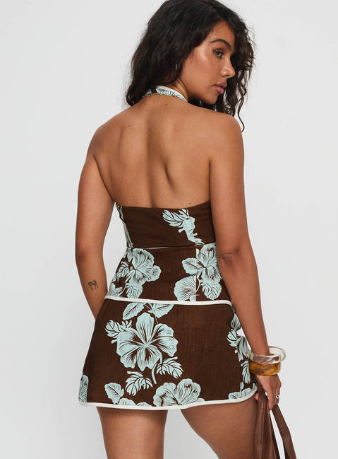 Anyah Halter Wrap Top Brown / Blue