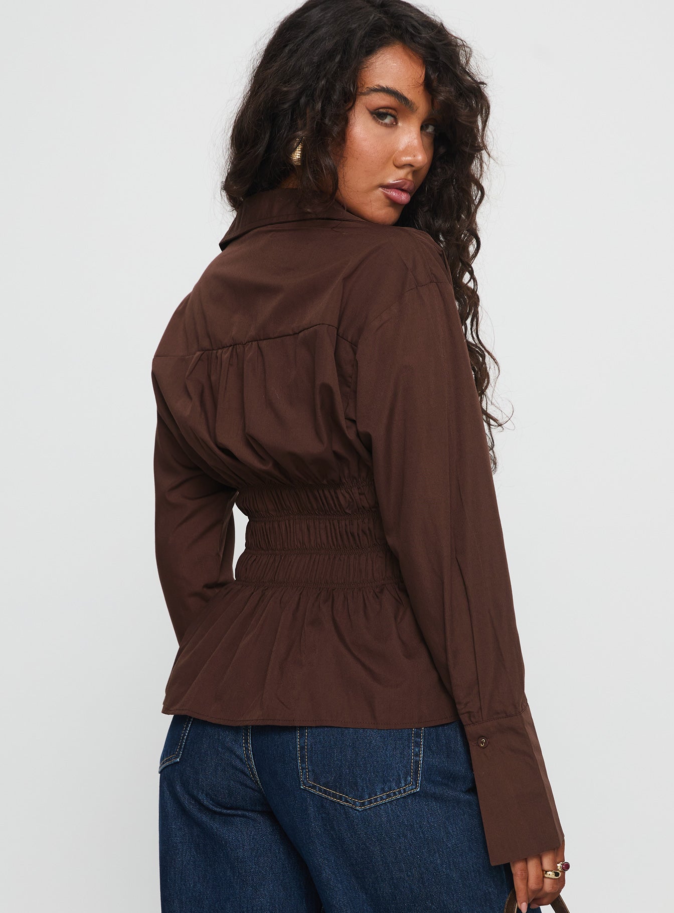 As You Are Shirred Button Up Top Chocolate