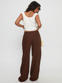 back view of model wearing Princess Polly Vianca Low Rise Linen Pant Chocolate High Waisted Pants 