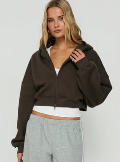 Presenting the Zellah Double Ended Zipper Hoodie Iron Grey womens-jumpers with oversized fit and short length detail view of model wearing Princess Polly