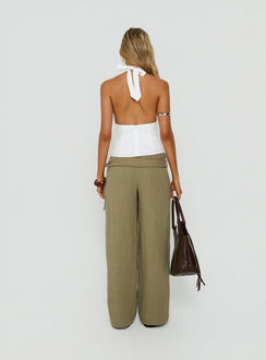 Presenting the Silver Moon Linen Blend Tie Pants Olive Green womens-regular-pants with high-rise back view of model wearing Princess Polly