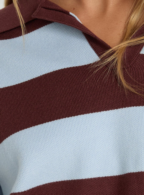 Novara Strick Cropped Rugby Jersey Blau / Burgunderfarbene Streifen