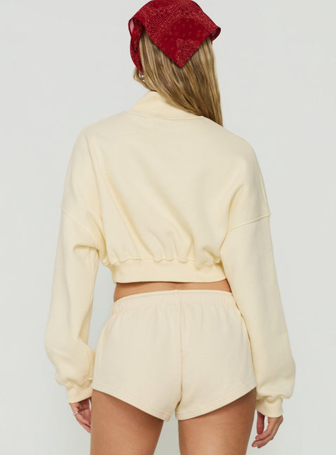 Introducing the Astridd 3/4 Zip Cropped Jumper in Cream womens-jumpers with short length back view of model wearing Princess Polly