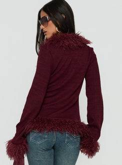 Brynlie Faux Fur Trim Boxy Cardigan Burgundy