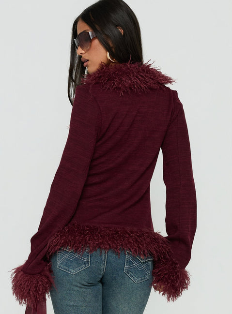 Brynlie Faux Fur Trim Boxy Cardigan Burgundy