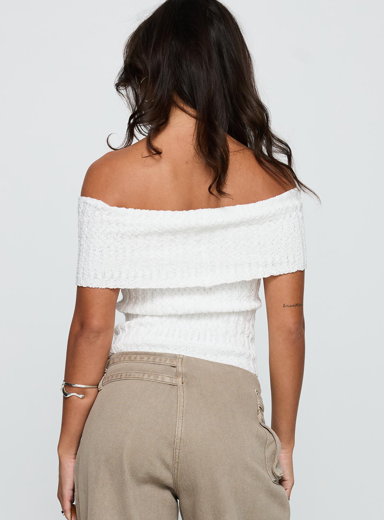 back view of model wearing Princess Polly Murmur Off Shoulder Top White Short Sleeves straight 