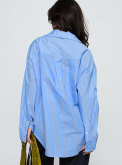back view of model wearing Princess Polly Kodhi Oversized Long Sleeve Top Blue Stripe Full Sleeves V-Neck 