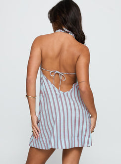 back view of model wearing Princess Polly Daydreams Linen Blend Halter Mini Dress Blue / Maroon Stripe Scoop Neck 