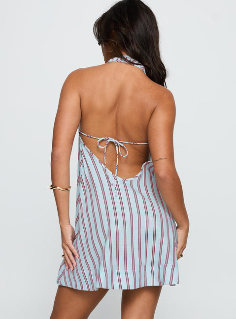 back view of model wearing Princess Polly Daydreams Linen Blend Halter Mini Dress Blue / Maroon Stripe Scoop Neck 