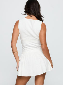 back view of model wearing Princess Polly Alissea Keyhole Linen Blend Mini Dress White Crew Neck 