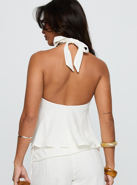 back view of model wearing Princess Polly Aquaria Halter Linen Blend Top White Sleeveless Crew Neck 